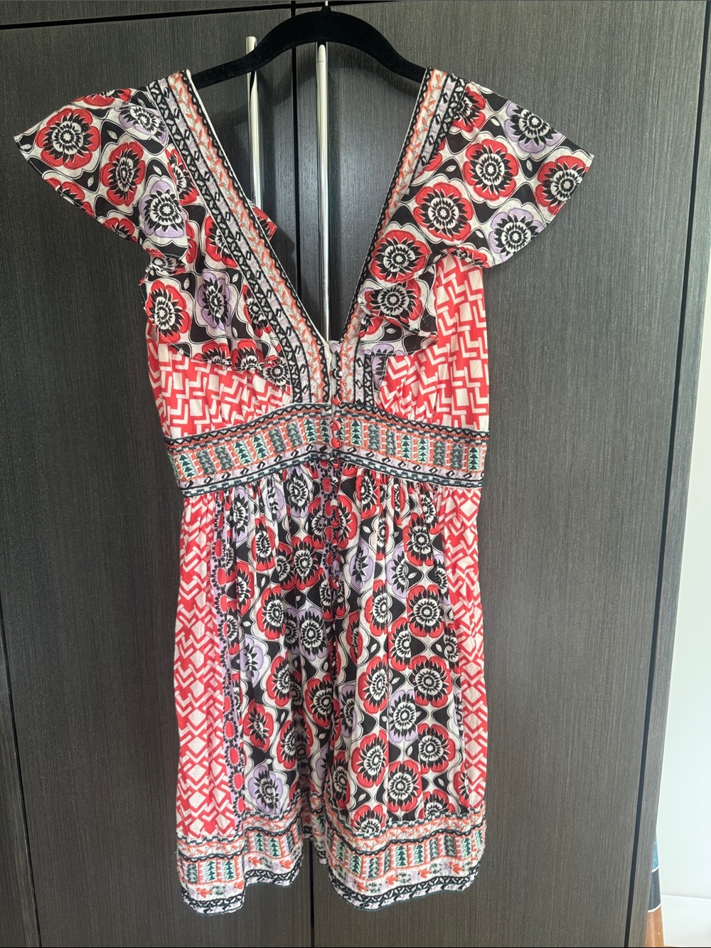 Anthropologie Red Floral & Geometric V-Neck Dress